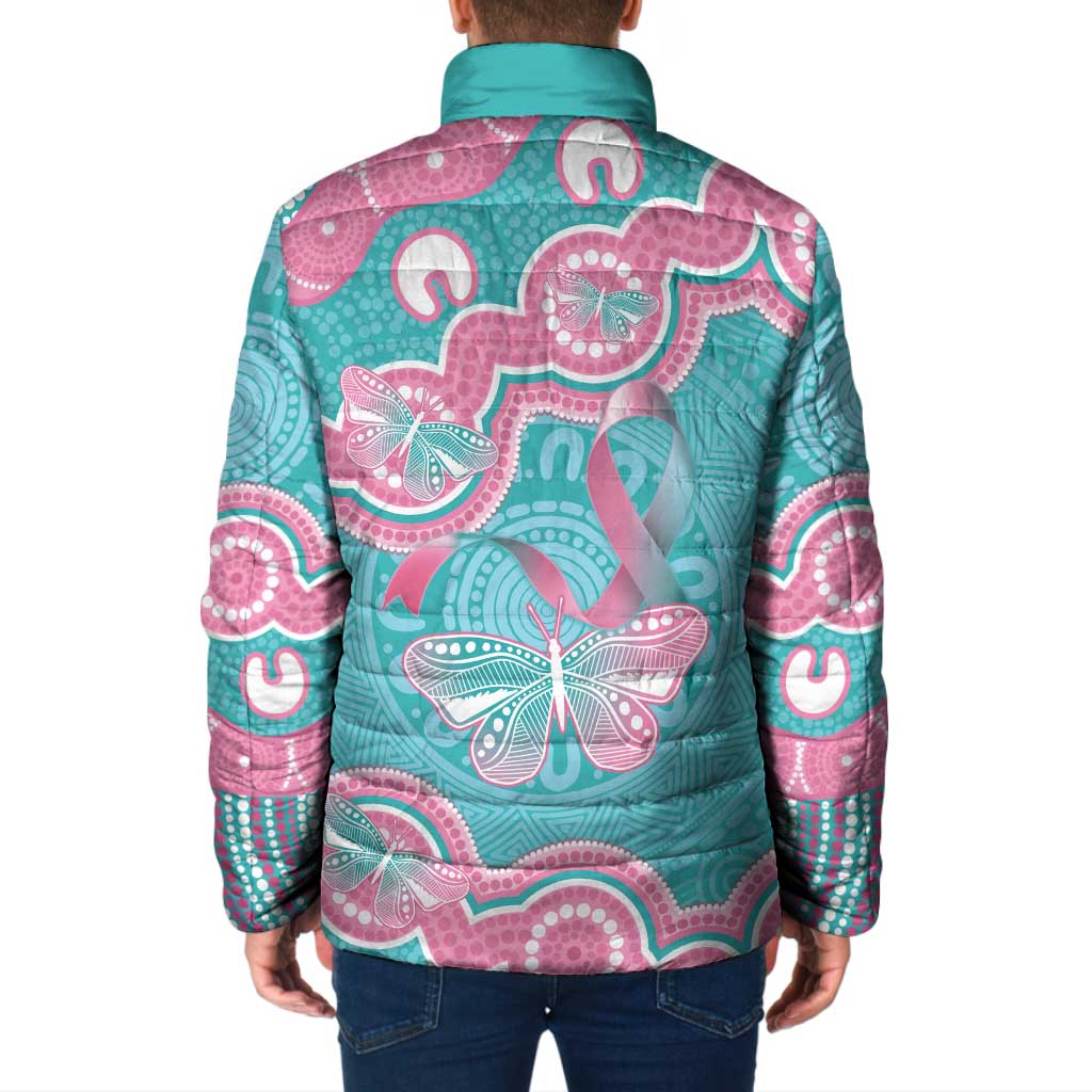 Hereditary And Gynecologic Cancer Awareness Padded Jacket Teal Pink Ribbon Aboriginal Art - Aussie Hoodie