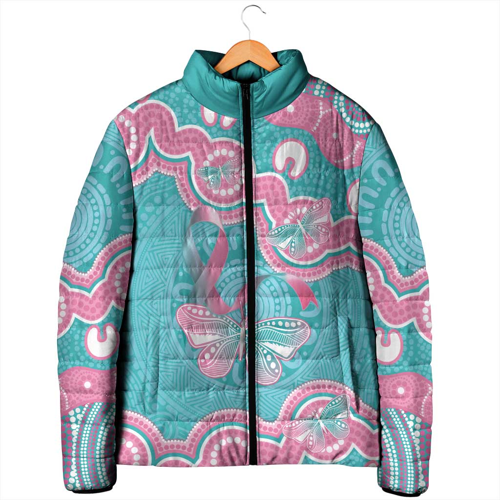 Hereditary And Gynecologic Cancer Awareness Padded Jacket Teal Pink Ribbon Aboriginal Art - Aussie Hoodie