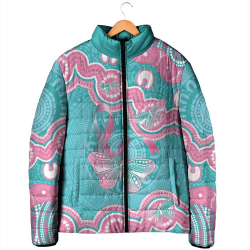 Hereditary And Gynecologic Cancer Awareness Padded Jacket Teal Pink Ribbon Aboriginal Art - Aussie Hoodie