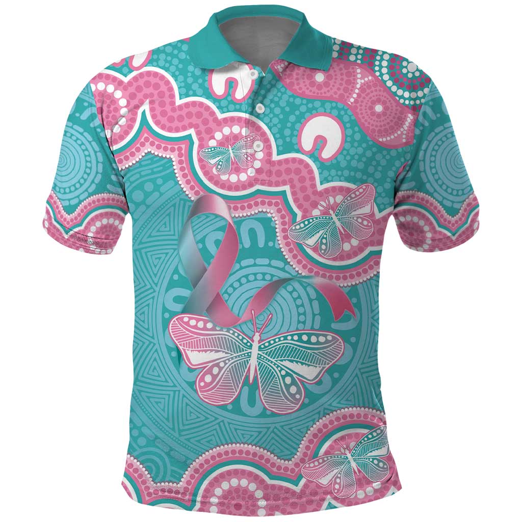 Hereditary And Gynecologic Cancer Awareness Polo Shirt Teal Pink Ribbon Aboriginal Art - Aussie Hoodie