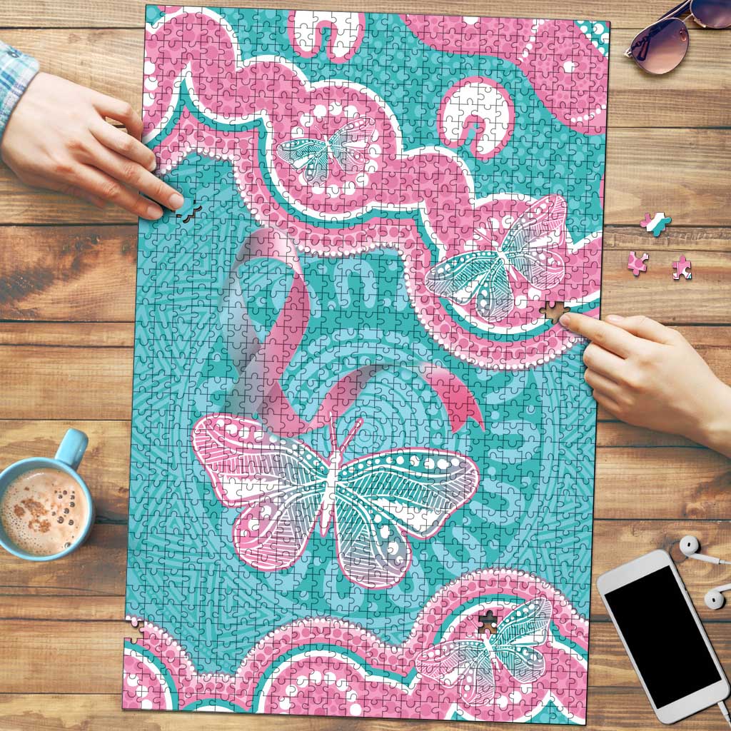 Hereditary And Gynecologic Cancer Awareness Puzzle Teal Pink Ribbon Aboriginal Art - Aussie Hoodie