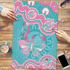 Hereditary And Gynecologic Cancer Awareness Puzzle Teal Pink Ribbon Aboriginal Art - Aussie Hoodie