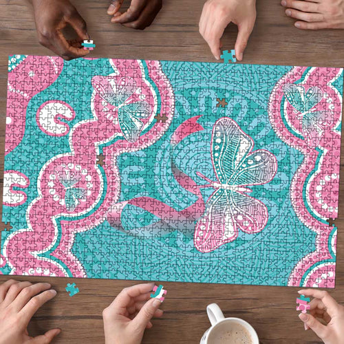 Hereditary And Gynecologic Cancer Awareness Puzzle Teal Pink Ribbon Aboriginal Art - Aussie Hoodie