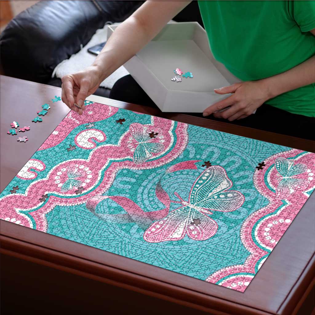 Hereditary And Gynecologic Cancer Awareness Puzzle Teal Pink Ribbon Aboriginal Art - Aussie Hoodie