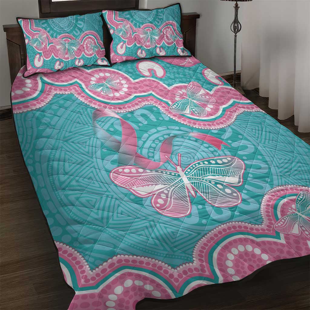 Hereditary And Gynecologic Cancer Awareness Quilt Bed Set Teal Pink Ribbon Aboriginal Art - Aussie Hoodie
