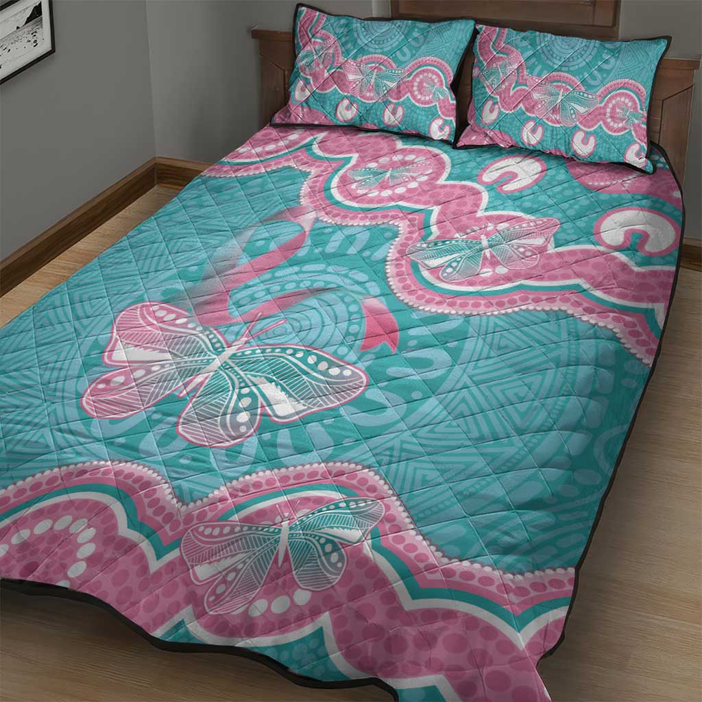 Hereditary And Gynecologic Cancer Awareness Quilt Bed Set Teal Pink Ribbon Aboriginal Art - Aussie Hoodie