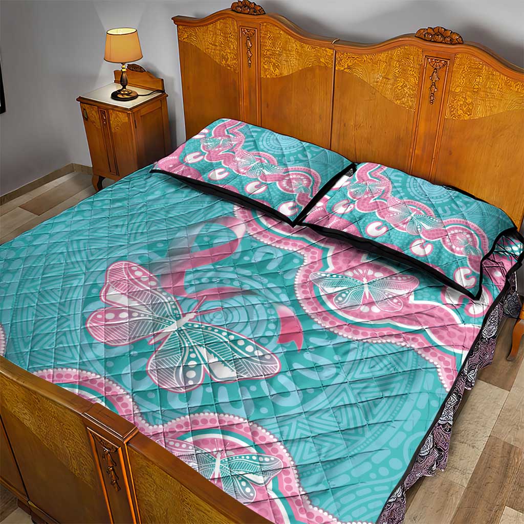 Hereditary And Gynecologic Cancer Awareness Quilt Bed Set Teal Pink Ribbon Aboriginal Art - Aussie Hoodie