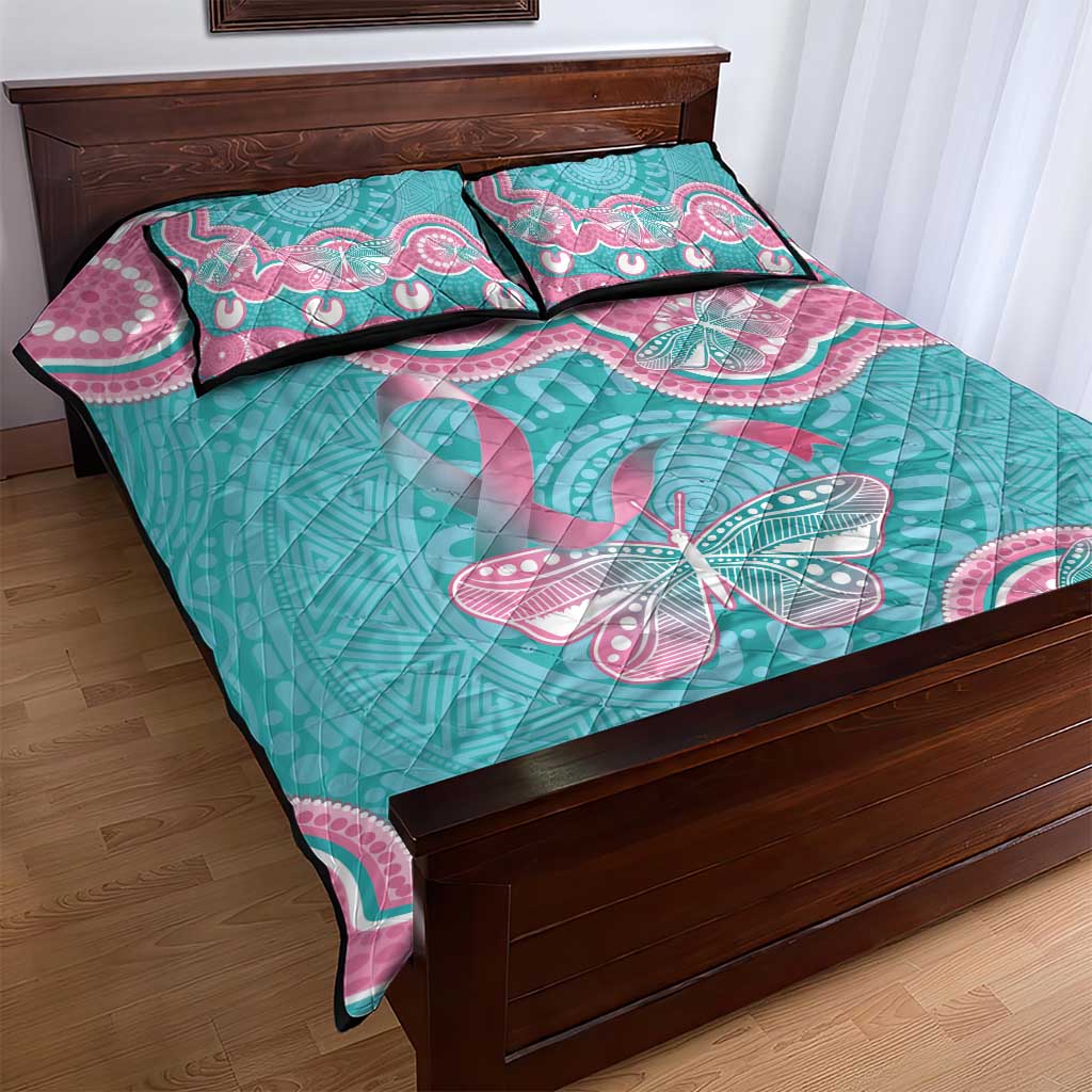 Hereditary And Gynecologic Cancer Awareness Quilt Bed Set Teal Pink Ribbon Aboriginal Art - Aussie Hoodie