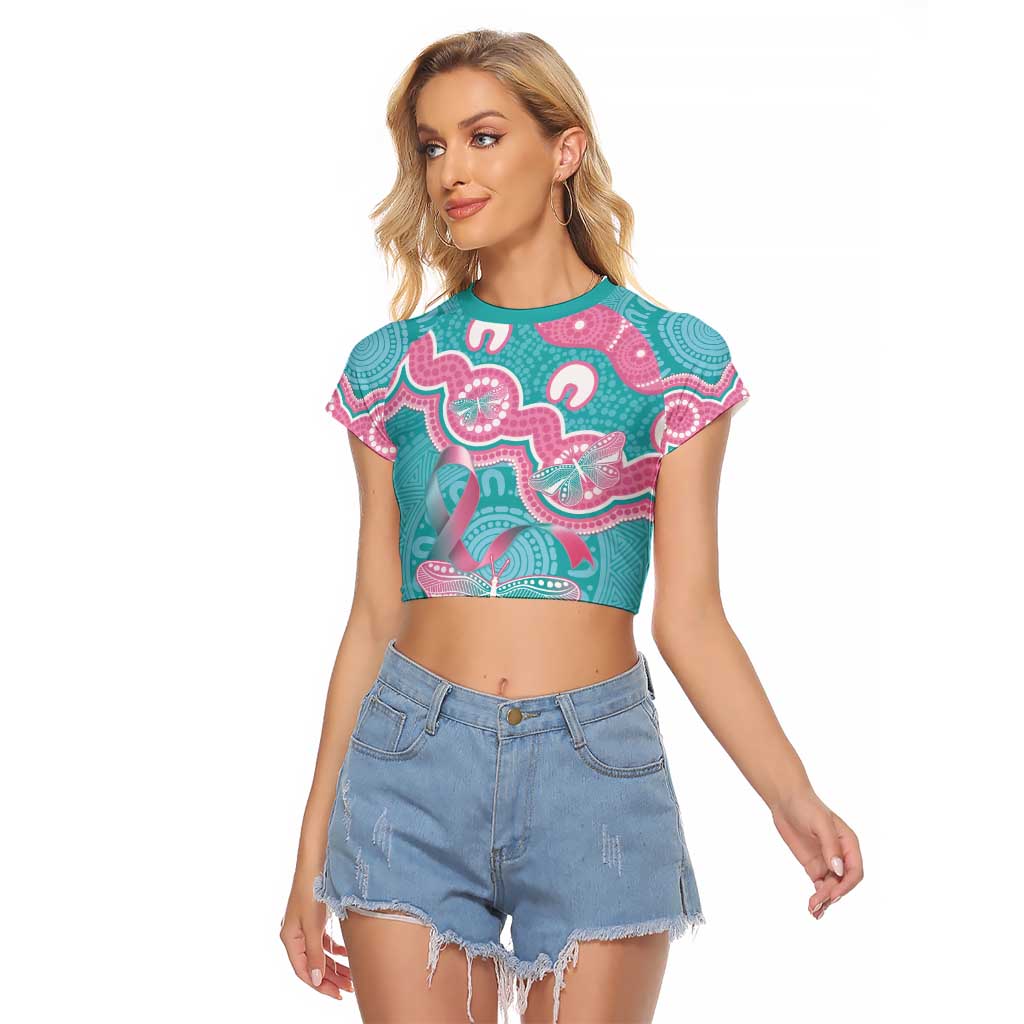 Hereditary And Gynecologic Cancer Awareness Raglan Cropped T Shirt Teal Pink Ribbon Aboriginal Art - Aussie Hoodie