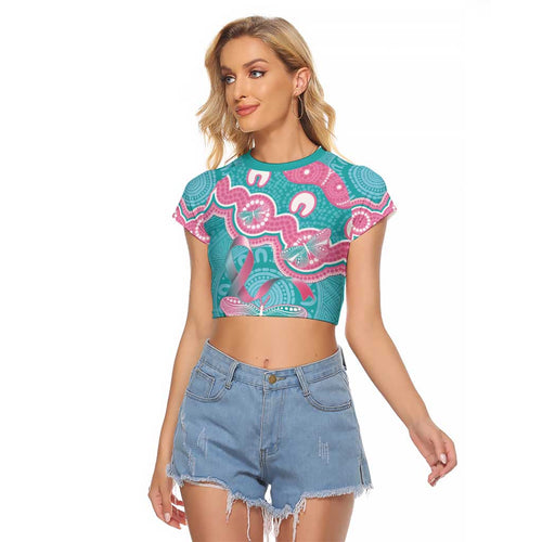 Hereditary And Gynecologic Cancer Awareness Raglan Cropped T Shirt Teal Pink Ribbon Aboriginal Art - Aussie Hoodie