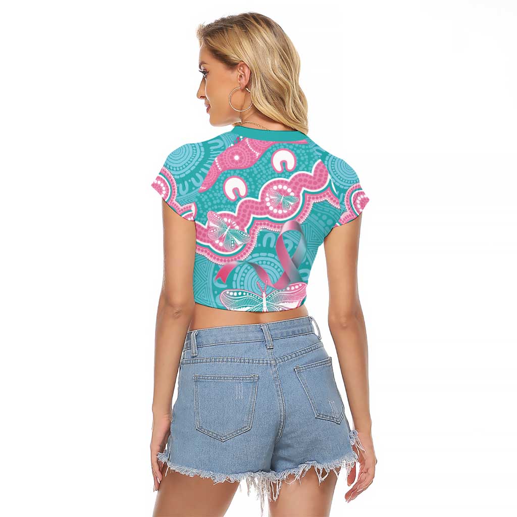 Hereditary And Gynecologic Cancer Awareness Raglan Cropped T Shirt Teal Pink Ribbon Aboriginal Art - Aussie Hoodie