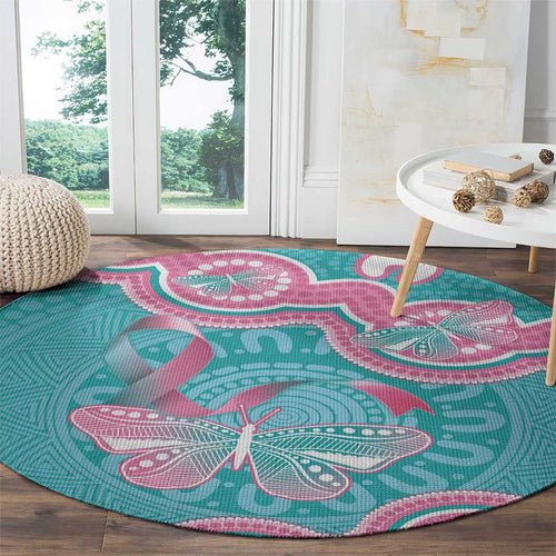 Hereditary And Gynecologic Cancer Awareness Round Carpet Teal Pink Ribbon Aboriginal Art - Aussie Hoodie