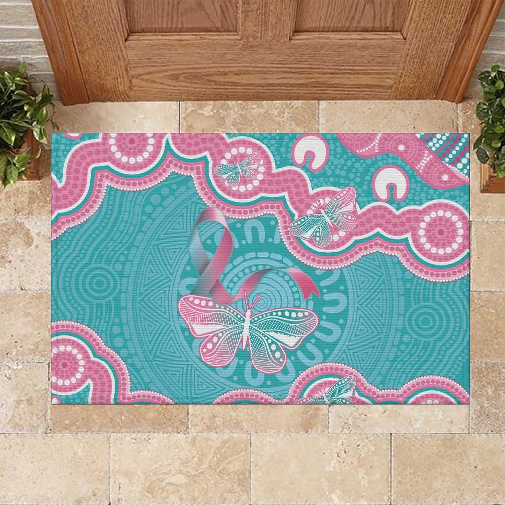 Hereditary And Gynecologic Cancer Awareness Rubber Doormat Teal Pink Ribbon Aboriginal Art - Aussie Hoodie