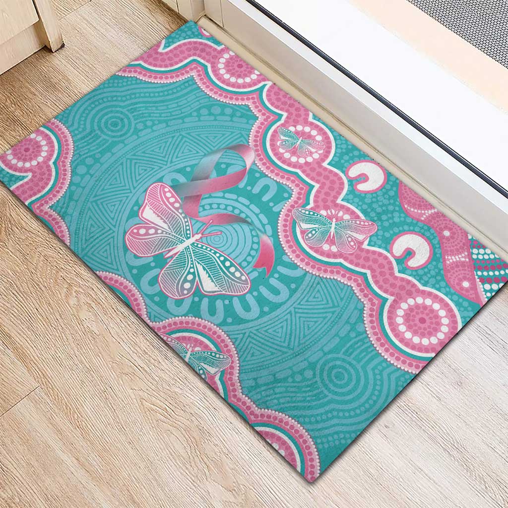 Hereditary And Gynecologic Cancer Awareness Rubber Doormat Teal Pink Ribbon Aboriginal Art - Aussie Hoodie