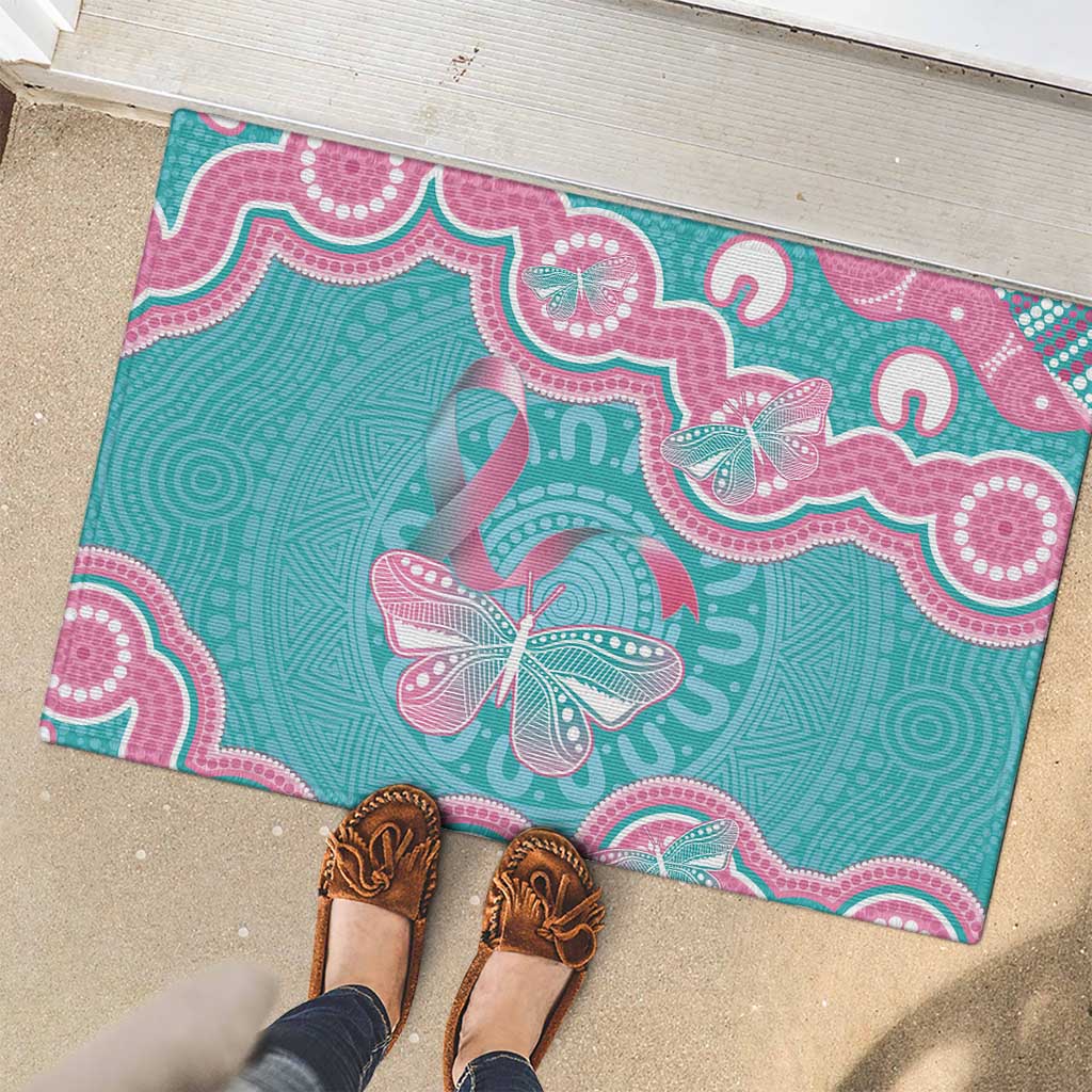 Hereditary And Gynecologic Cancer Awareness Rubber Doormat Teal Pink Ribbon Aboriginal Art - Aussie Hoodie