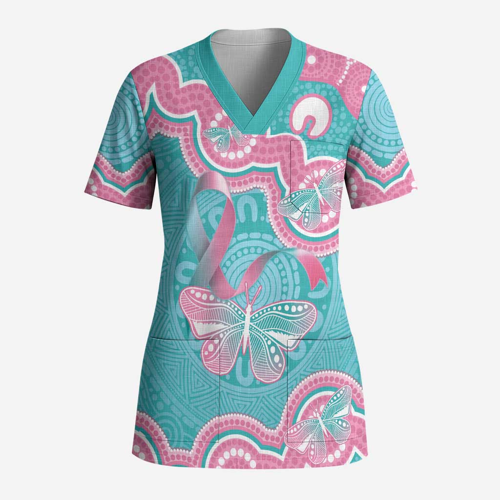 Hereditary And Gynecologic Cancer Awareness Scrub Top Teal Pink Ribbon Aboriginal Art - Aussie Hoodie