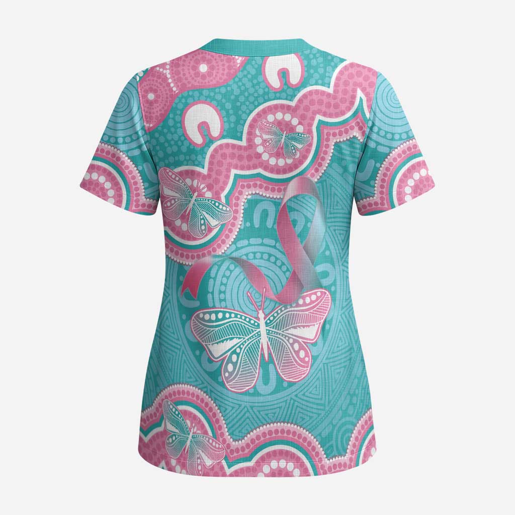 Hereditary And Gynecologic Cancer Awareness Scrub Top Teal Pink Ribbon Aboriginal Art - Aussie Hoodie