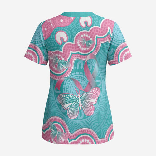 Hereditary And Gynecologic Cancer Awareness Scrub Top Teal Pink Ribbon Aboriginal Art - Aussie Hoodie