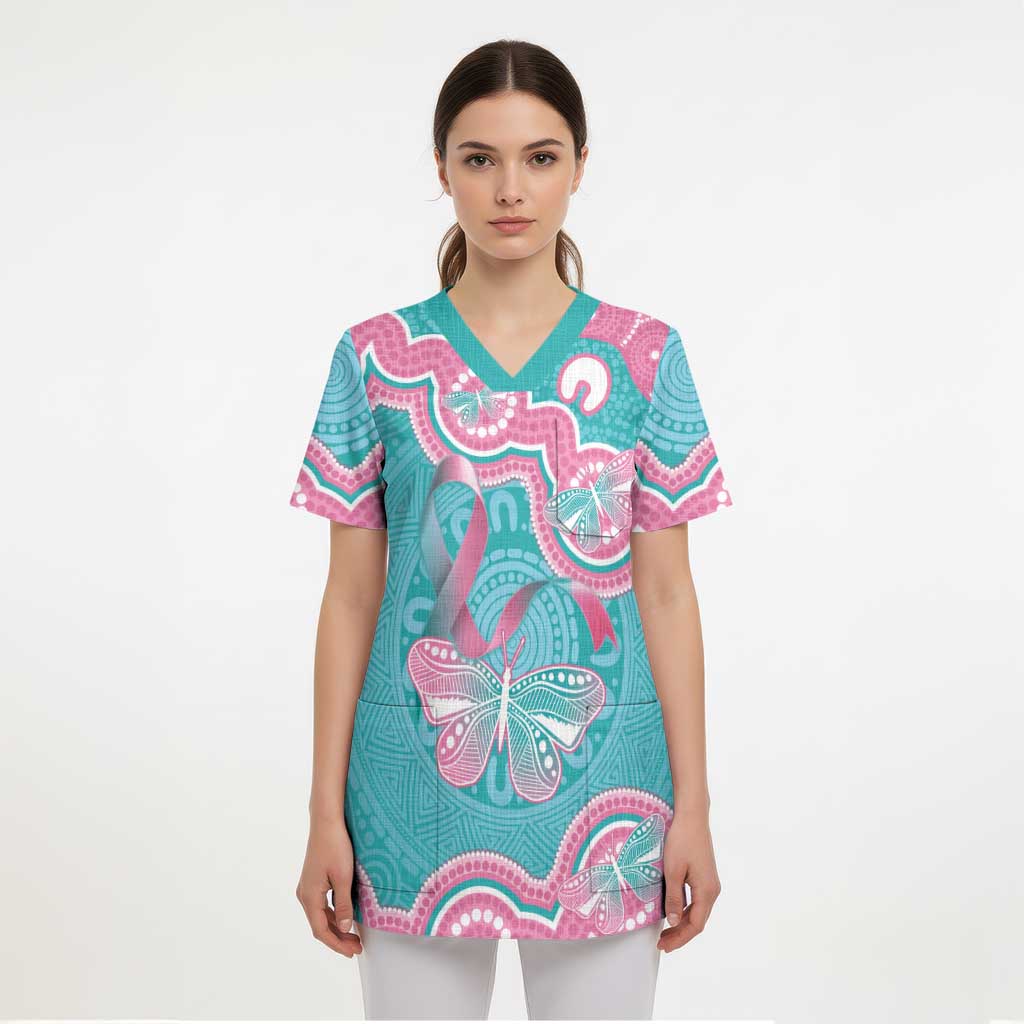 Hereditary And Gynecologic Cancer Awareness Scrub Top Teal Pink Ribbon Aboriginal Art - Aussie Hoodie