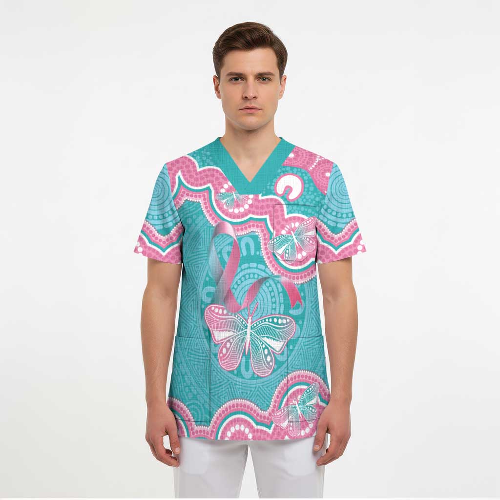 Hereditary And Gynecologic Cancer Awareness Scrub Top Teal Pink Ribbon Aboriginal Art - Aussie Hoodie