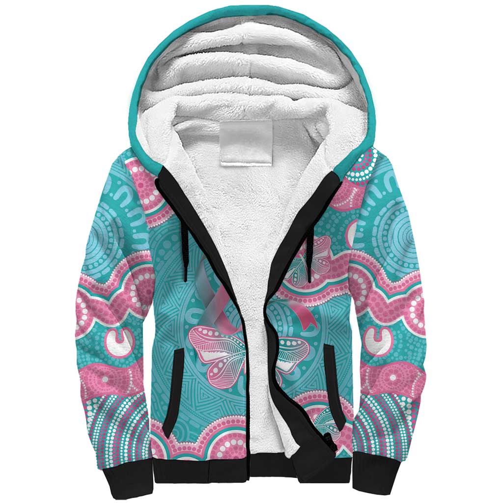 Hereditary And Gynecologic Cancer Awareness Sherpa Hoodie Teal Pink Ribbon Aboriginal Art - Aussie Hoodie