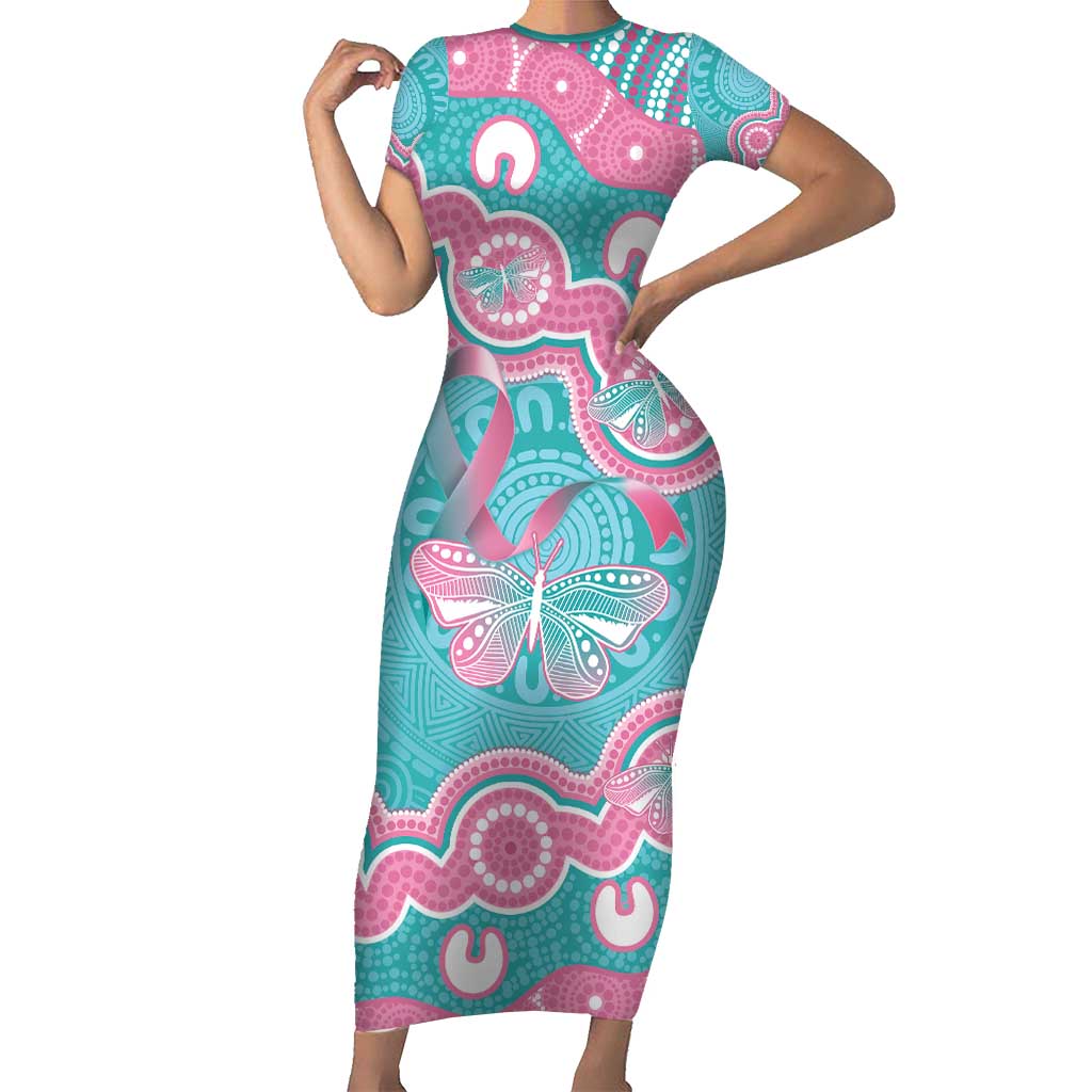 Hereditary And Gynecologic Cancer Awareness Short Sleeve Bodycon Dress Teal Pink Ribbon Aboriginal Art - Aussie Hoodie