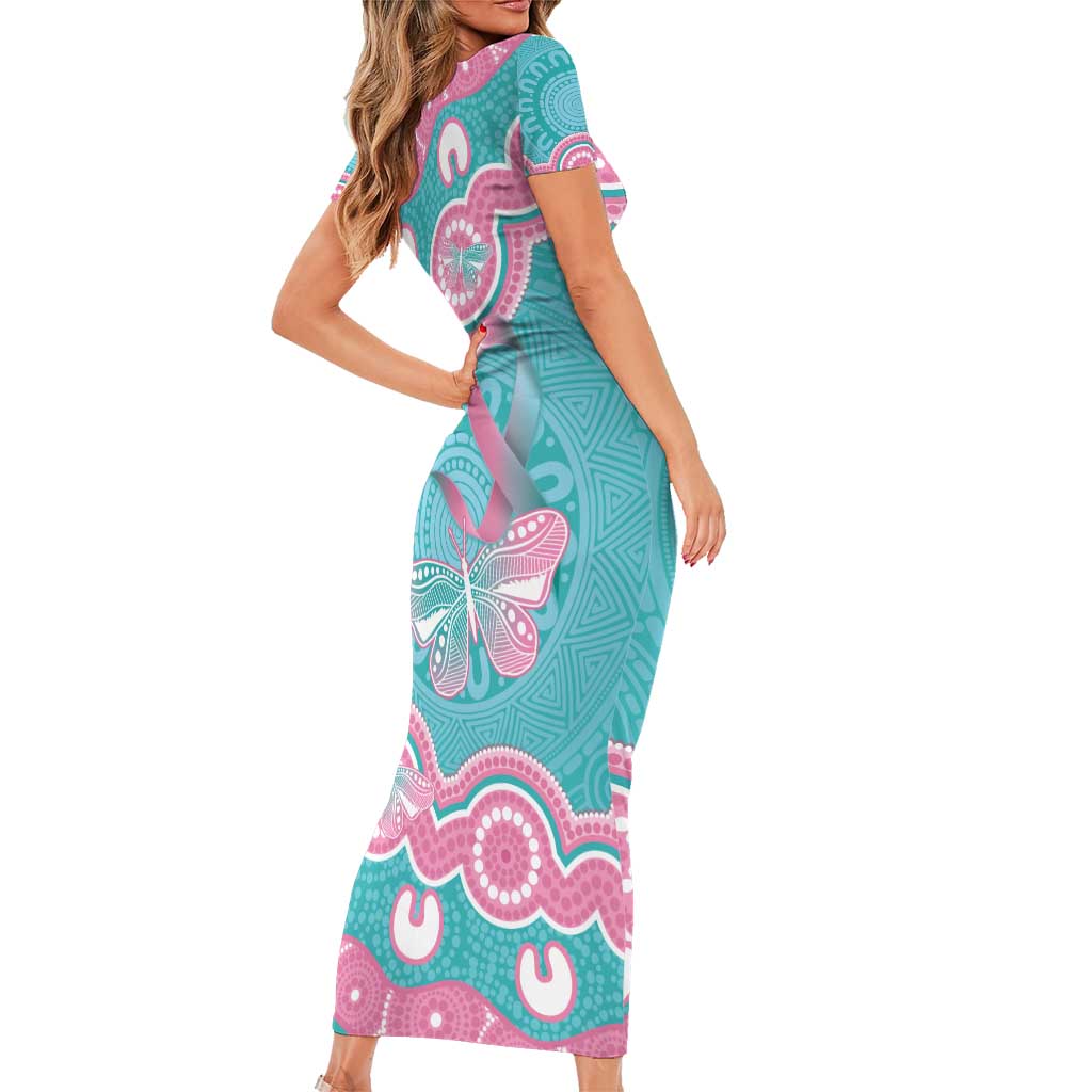 Hereditary And Gynecologic Cancer Awareness Short Sleeve Bodycon Dress Teal Pink Ribbon Aboriginal Art - Aussie Hoodie