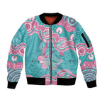 Hereditary And Gynecologic Cancer Awareness Sleeve Zip Bomber Jacket Teal Pink Ribbon Aboriginal Art - Aussie Hoodie