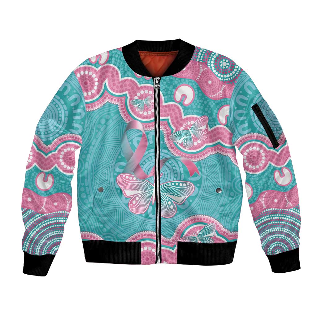 Hereditary And Gynecologic Cancer Awareness Sleeve Zip Bomber Jacket Teal Pink Ribbon Aboriginal Art - Aussie Hoodie