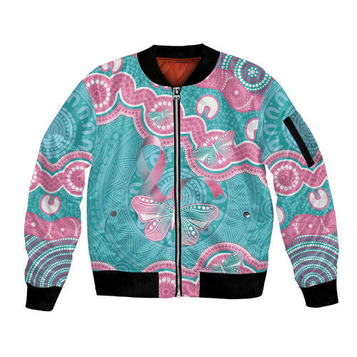 Hereditary And Gynecologic Cancer Awareness Sleeve Zip Bomber Jacket Teal Pink Ribbon Aboriginal Art - Aussie Hoodie