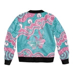 Hereditary And Gynecologic Cancer Awareness Sleeve Zip Bomber Jacket Teal Pink Ribbon Aboriginal Art - Aussie Hoodie