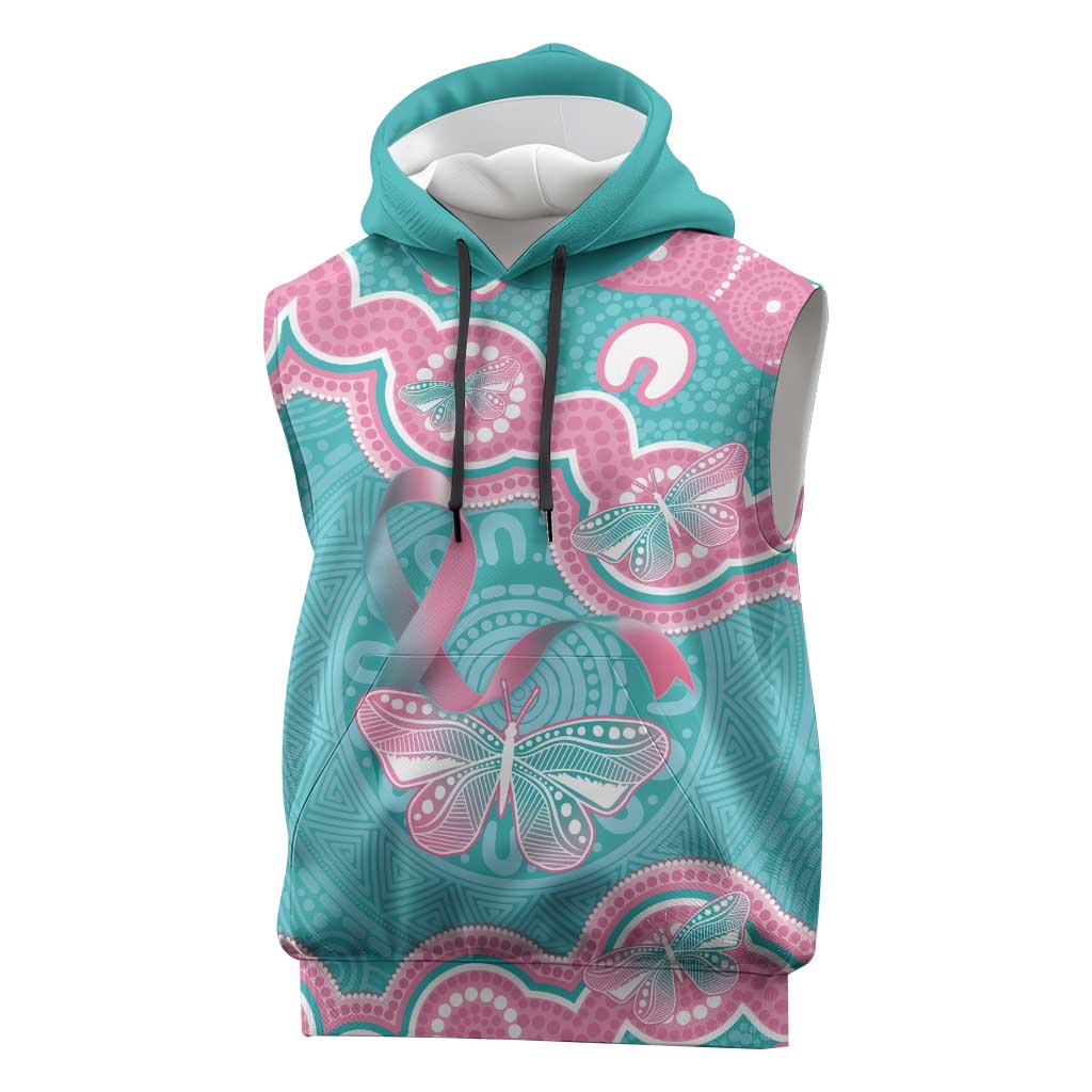 Hereditary And Gynecologic Cancer Awareness Sleeveless Hoodie Teal Pink Ribbon Aboriginal Art - Aussie Hoodie