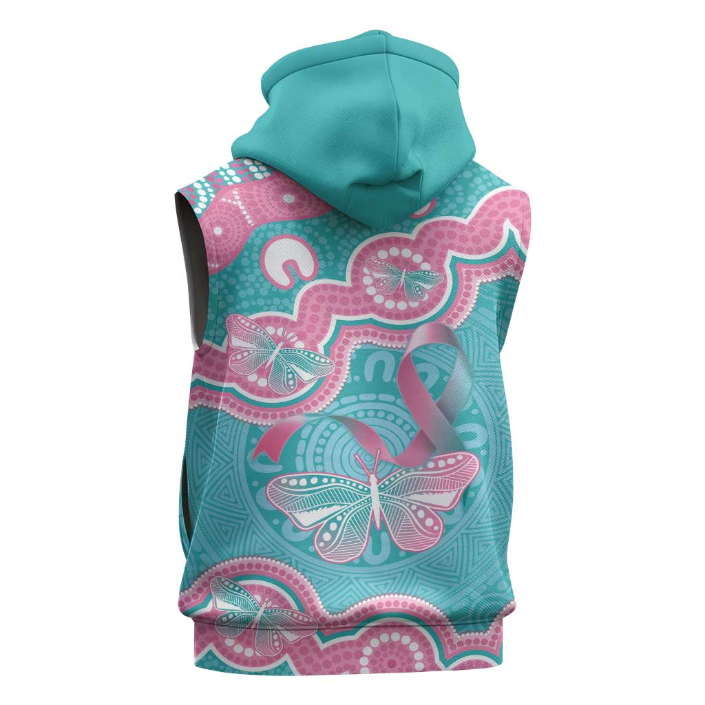 Hereditary And Gynecologic Cancer Awareness Sleeveless Hoodie Teal Pink Ribbon Aboriginal Art - Aussie Hoodie