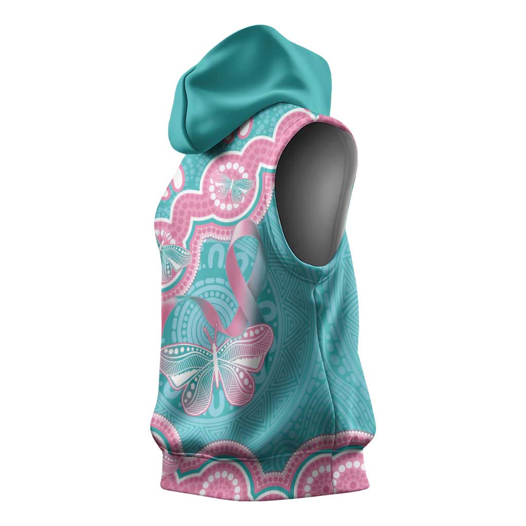 Hereditary And Gynecologic Cancer Awareness Sleeveless Hoodie Teal Pink Ribbon Aboriginal Art - Aussie Hoodie