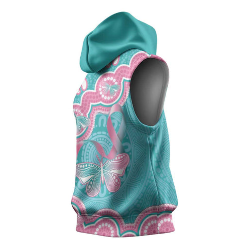 Hereditary And Gynecologic Cancer Awareness Sleeveless Hoodie Teal Pink Ribbon Aboriginal Art - Aussie Hoodie