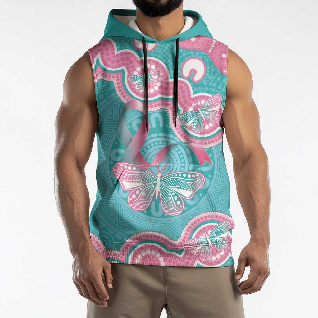 Hereditary And Gynecologic Cancer Awareness Sleeveless Hoodie Teal Pink Ribbon Aboriginal Art - Aussie Hoodie