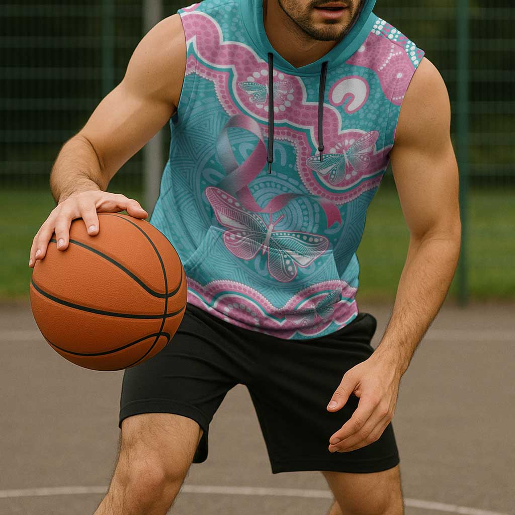 Hereditary And Gynecologic Cancer Awareness Sleeveless Hoodie Teal Pink Ribbon Aboriginal Art - Aussie Hoodie