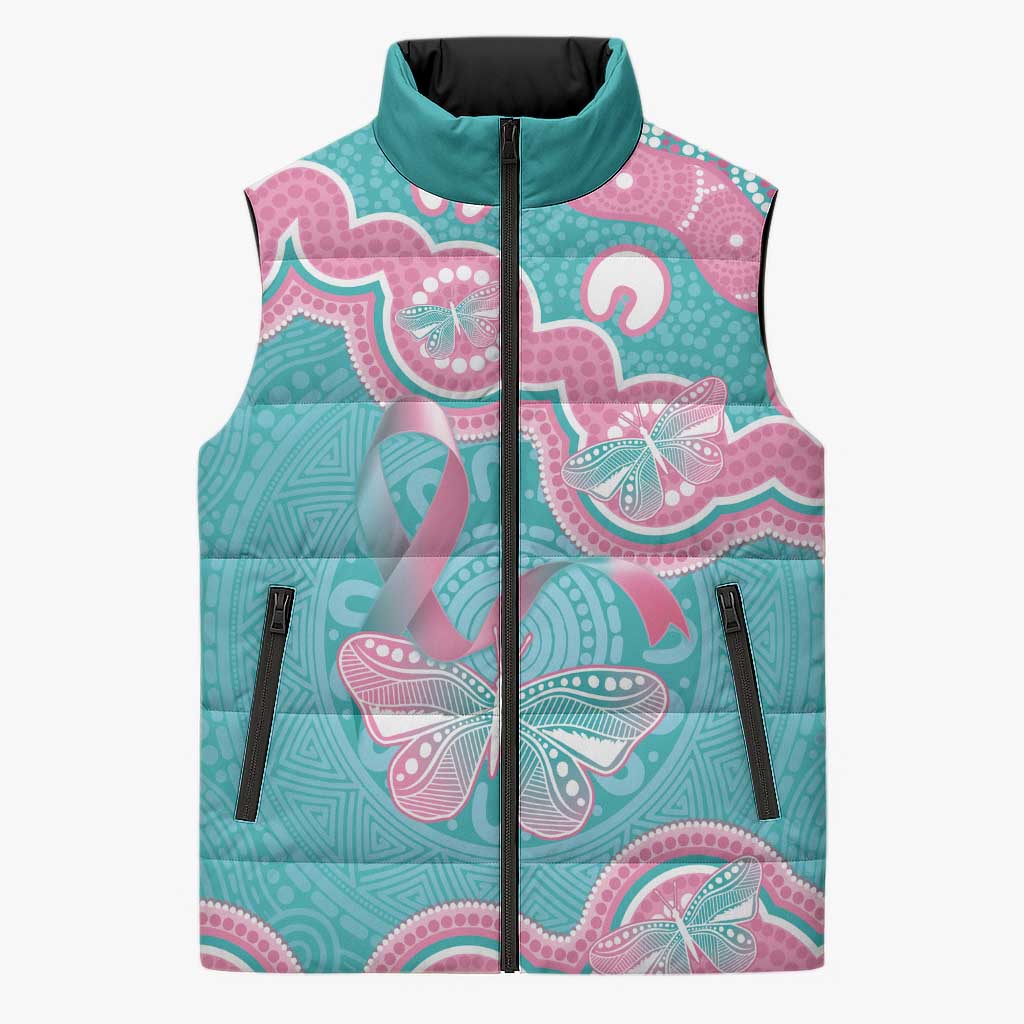 Hereditary And Gynecologic Cancer Awareness Sleeveless Puffer Jacket Teal Pink Ribbon Aboriginal Art - Aussie Hoodie