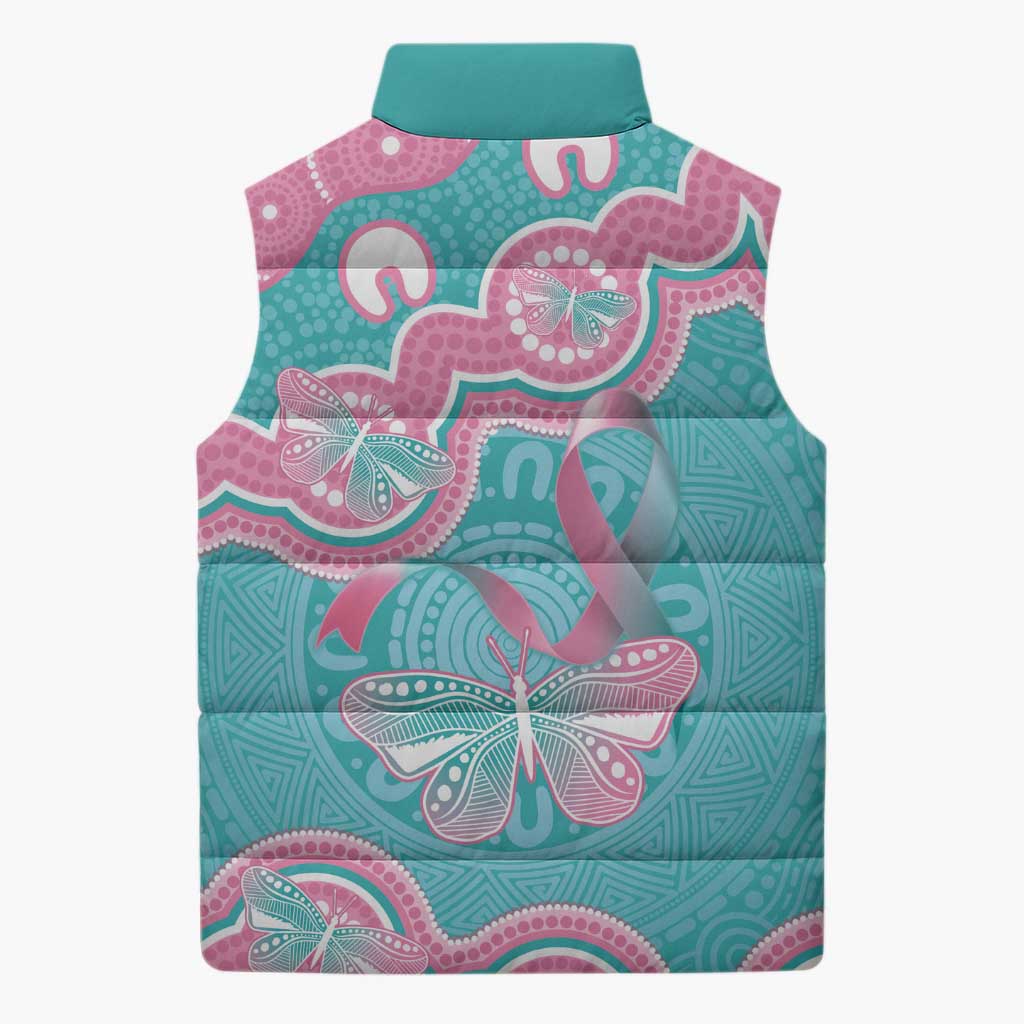 Hereditary And Gynecologic Cancer Awareness Sleeveless Puffer Jacket Teal Pink Ribbon Aboriginal Art - Aussie Hoodie