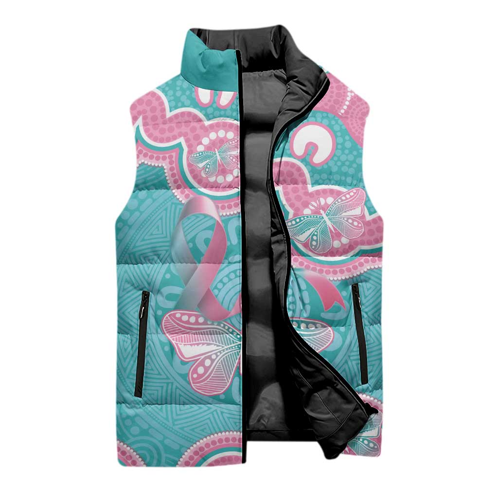 Hereditary And Gynecologic Cancer Awareness Sleeveless Puffer Jacket Teal Pink Ribbon Aboriginal Art - Aussie Hoodie