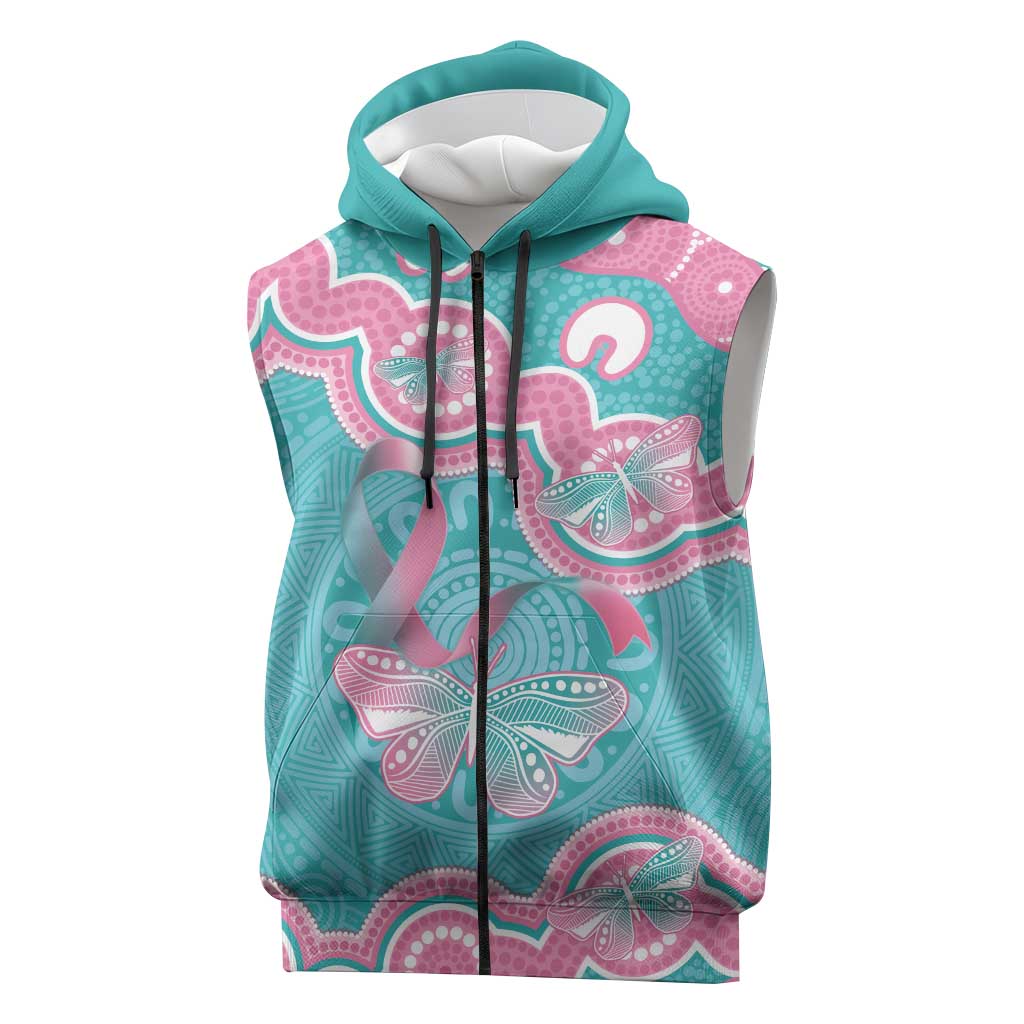 Hereditary And Gynecologic Cancer Awareness Sleeveless Zip Hoodie Teal Pink Ribbon Aboriginal Art LT14