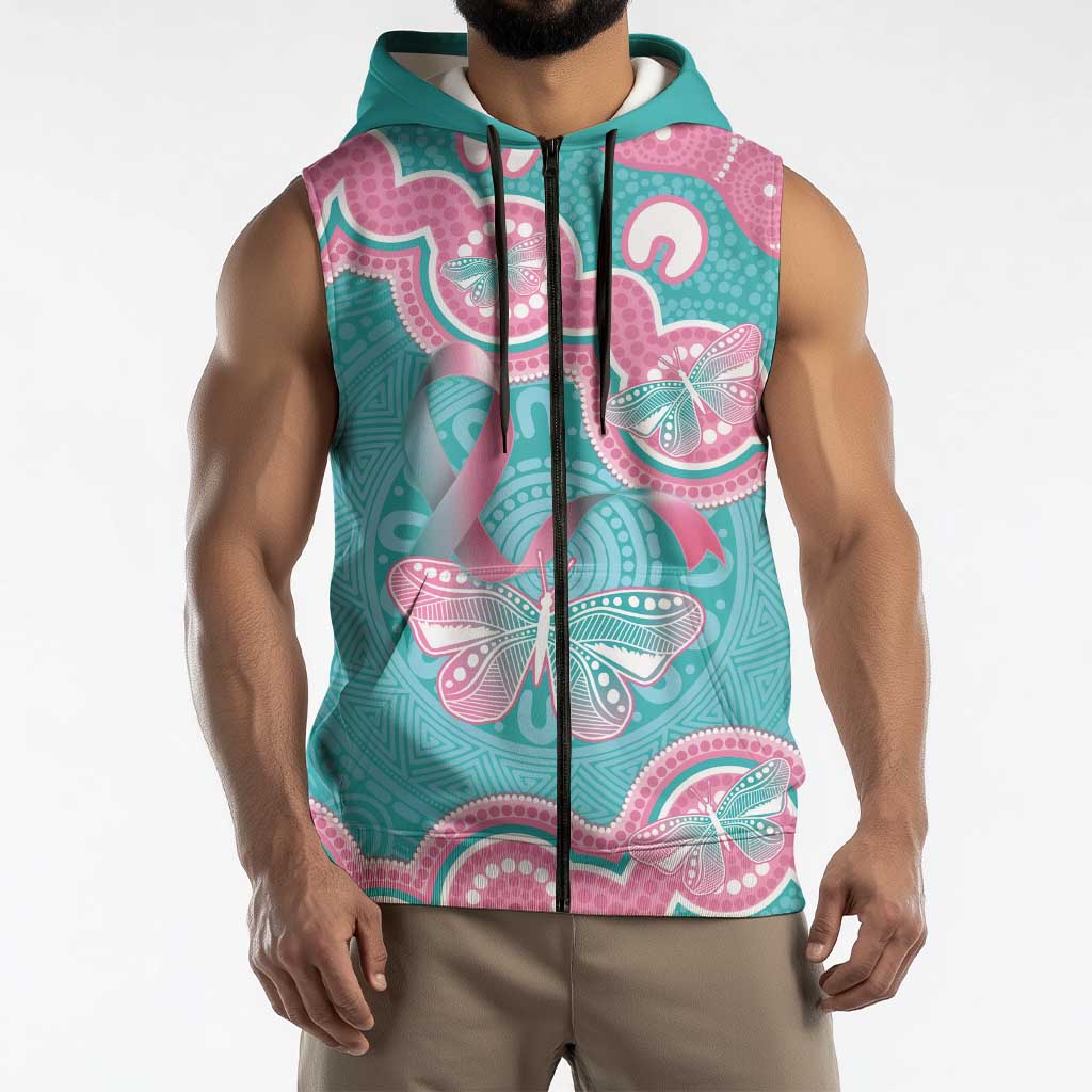 Hereditary And Gynecologic Cancer Awareness Sleeveless Zip Hoodie Teal Pink Ribbon Aboriginal Art LT14