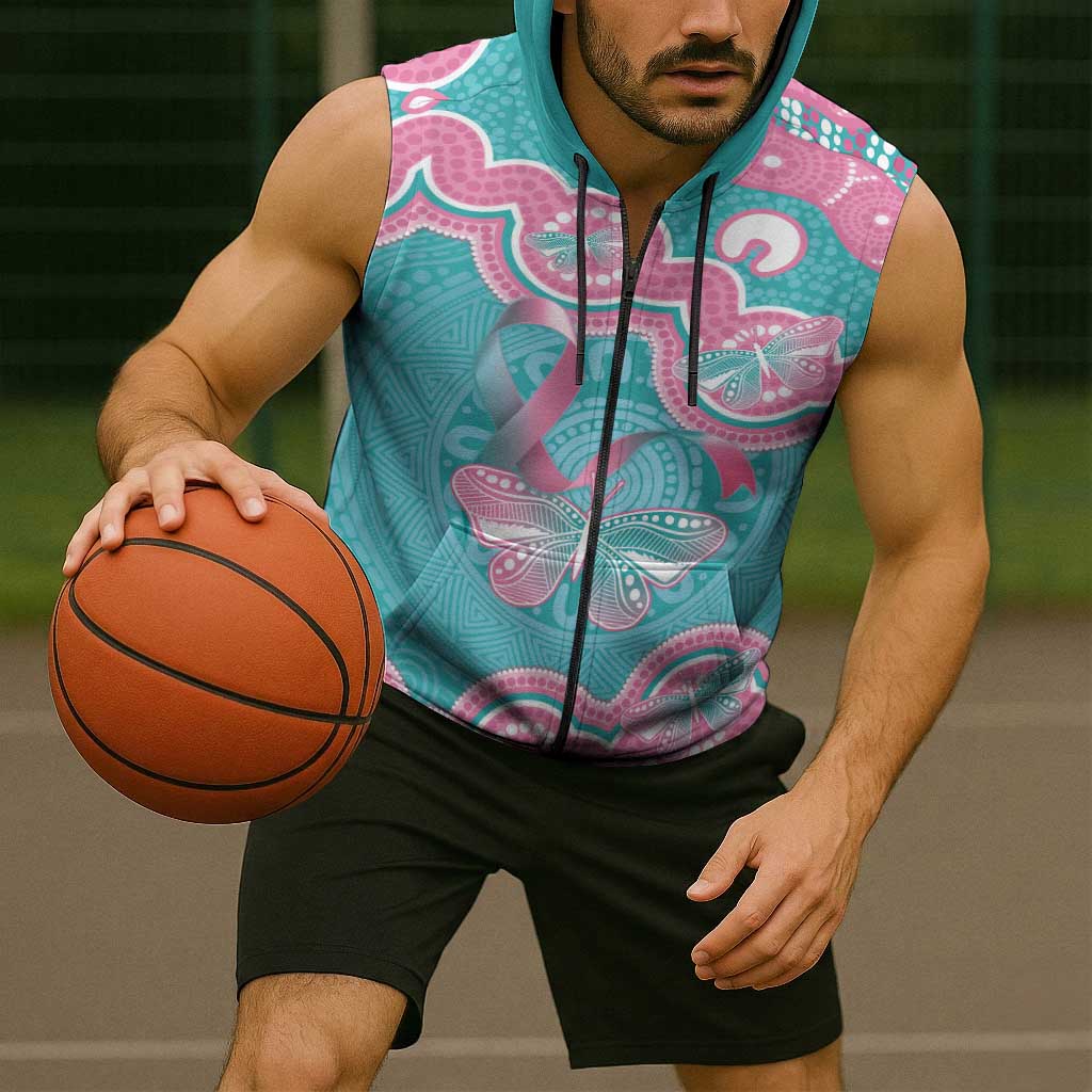 Hereditary And Gynecologic Cancer Awareness Sleeveless Zip Hoodie Teal Pink Ribbon Aboriginal Art LT14