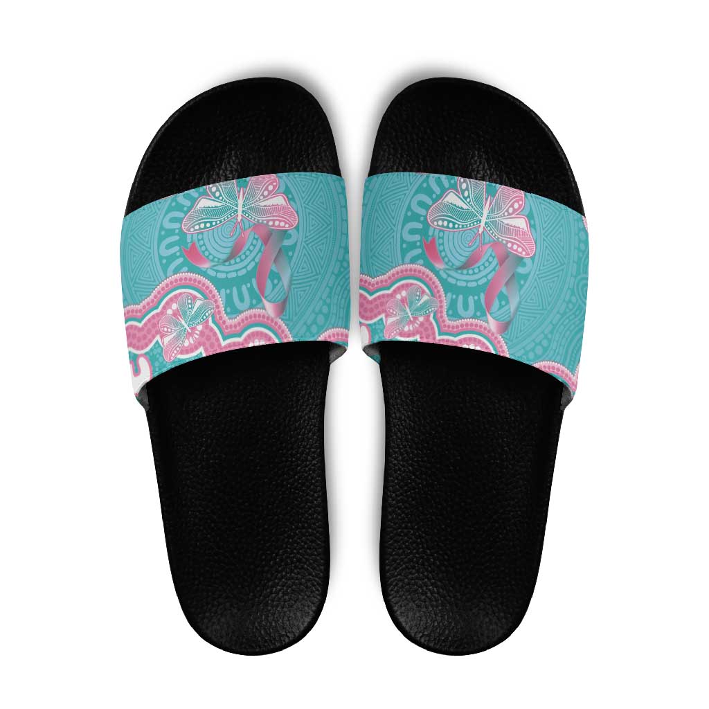 Hereditary And Gynecologic Cancer Awareness Slide Sandals Teal Pink Ribbon Aboriginal Art - Aussie Hoodie