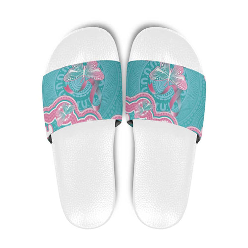 Hereditary And Gynecologic Cancer Awareness Slide Sandals Teal Pink Ribbon Aboriginal Art - Aussie Hoodie