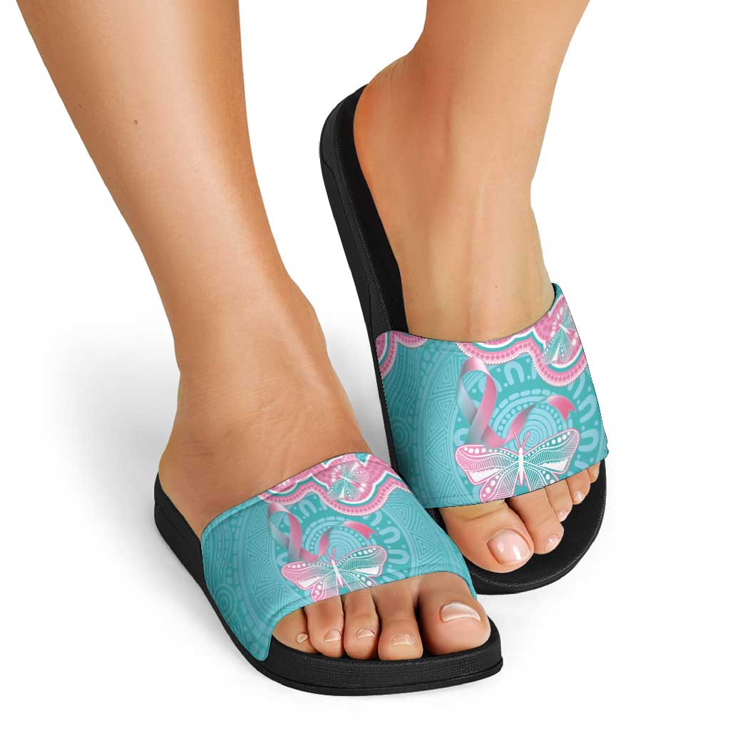 Hereditary And Gynecologic Cancer Awareness Slide Sandals Teal Pink Ribbon Aboriginal Art - Aussie Hoodie