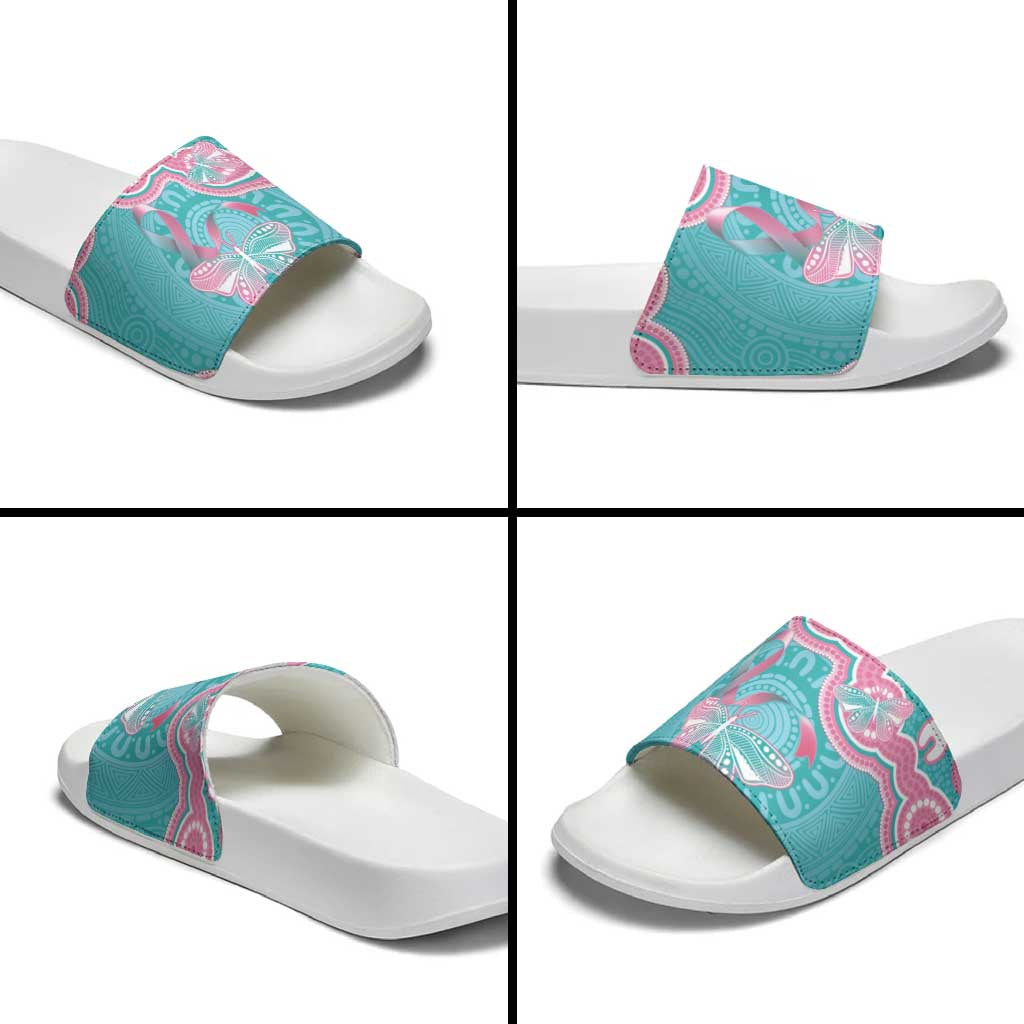Hereditary And Gynecologic Cancer Awareness Slide Sandals Teal Pink Ribbon Aboriginal Art - Aussie Hoodie