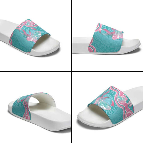 Hereditary And Gynecologic Cancer Awareness Slide Sandals Teal Pink Ribbon Aboriginal Art - Aussie Hoodie