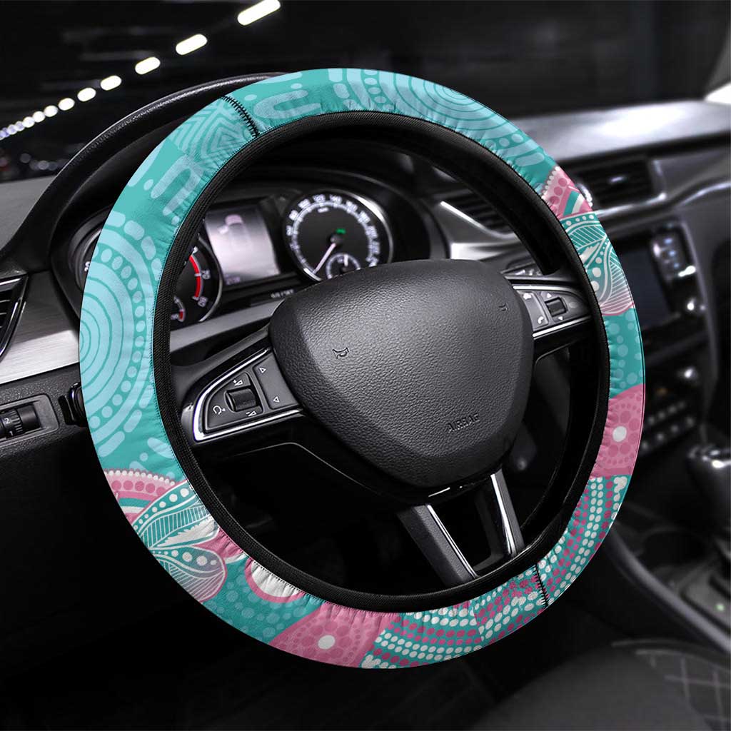 Hereditary And Gynecologic Cancer Awareness Steering Wheel Cover Teal Pink Ribbon Aboriginal Art - Aussie Hoodie