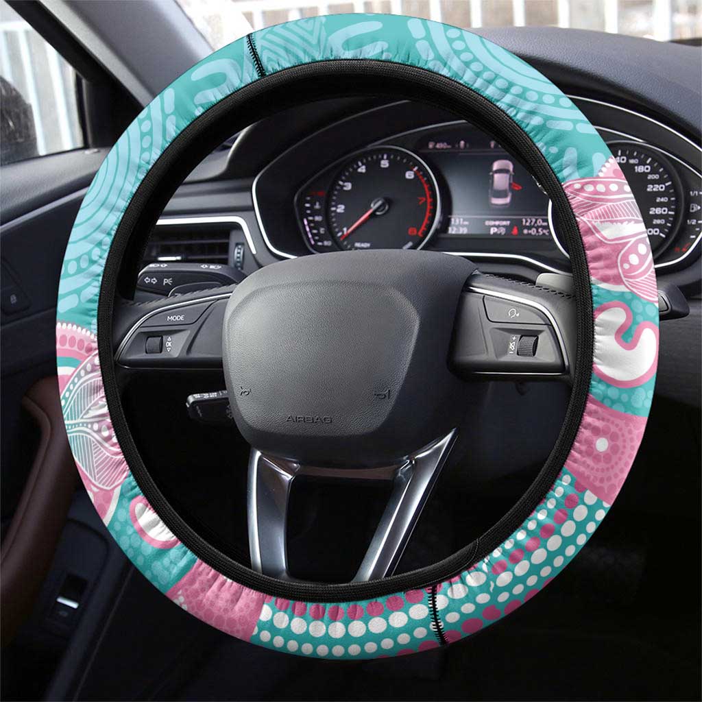 Hereditary And Gynecologic Cancer Awareness Steering Wheel Cover Teal Pink Ribbon Aboriginal Art - Aussie Hoodie